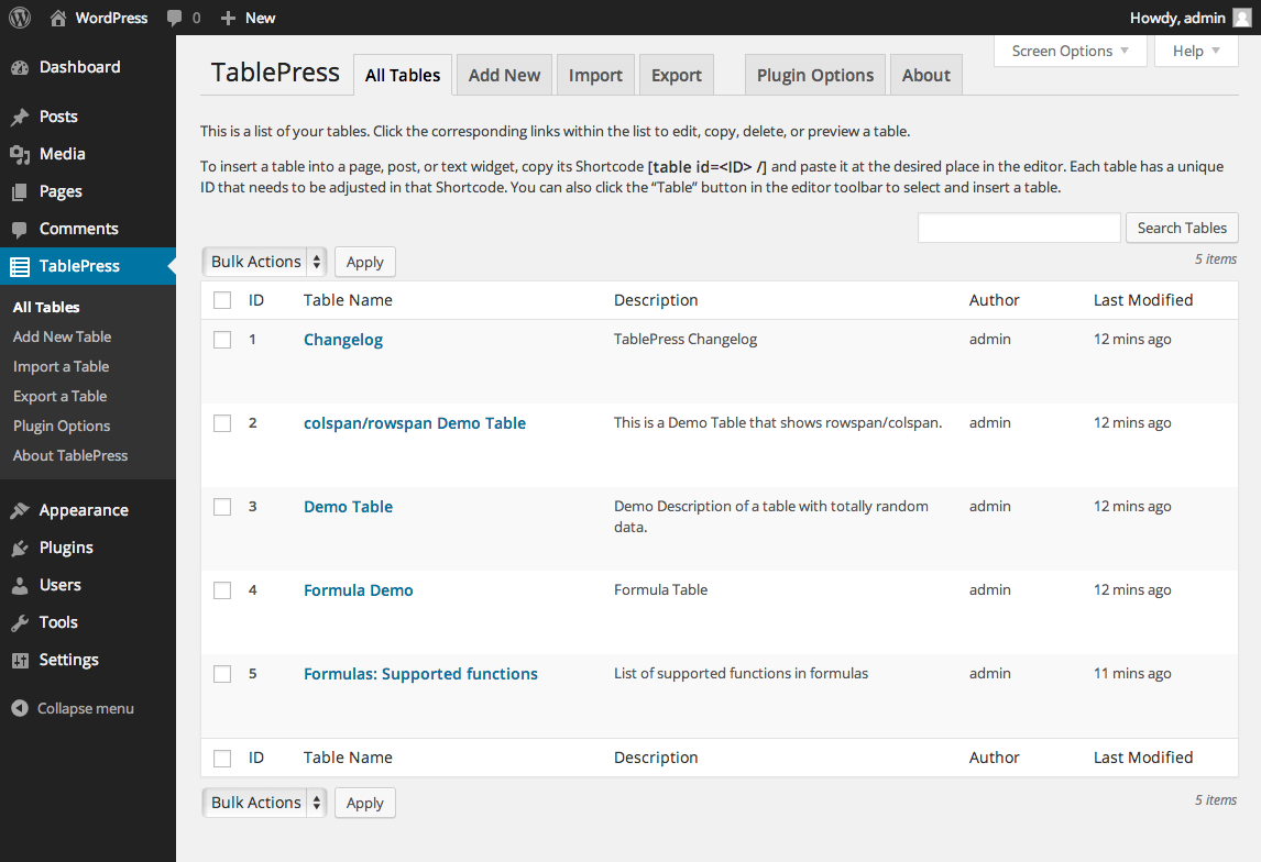 TablePress user interface