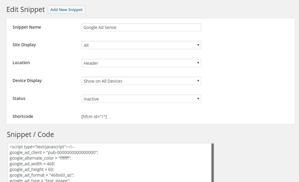 Header Footer Code Manager user interface